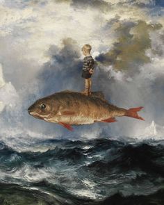 a painting of a boy standing on top of a fish