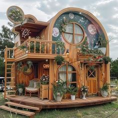 a house made out of wood and decorated with plants