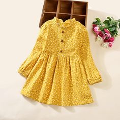 Yellow Kids Girls' Dress Floral Knee-length Dress Print Cotton Long Sleeve Cute Dress Pink Yellow Floral Party Dresses, Midi Dress Winter, Cheap Dresses Casual, Floral Party Dress, Girls Floral Dress, Floral Cotton Dress, Flower Band, Cheap Dresses Online, Floral Party