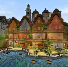 Cute Villager Houses Minecraft, Minecraft Howls Castle, Minecraft Swiss Village, Cute Minecraft Towns, Minecraft Town Inspiration, Minecraft Village Ideas Buildings List, Minecraft Costal Village, Minecraft Town Themes, Minecraft Group House