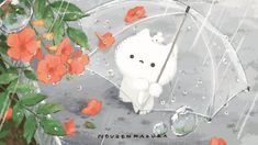 a painting of a white teddy bear holding an umbrella in the rain with red flowers around it