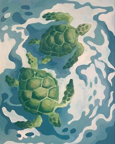 two green sea turtles swimming in the ocean