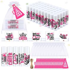 pink and white party supplies including lip bales