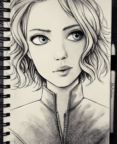 a drawing of a girl with blue eyes