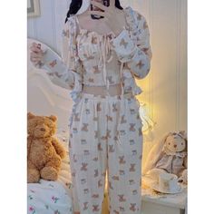 Kawaii Home Wear Three Pieces Set Bear Pajamas ON04 Cute Spring Sets For Home, Cute Long Sleeve Home Sets, Cute Long Sleeve Sleepwear For Summer, Cute Long Sleeve Summer Sleepwear, Kawaii Long Sleeve Sleep Sets, Kawaii Long Sleeve Pajama Party Sets, Cute Long Sleeve Bedtime Sets, Cute Long Sleeve Sleepwear, Outer Long