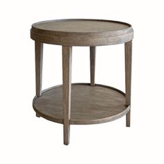 a round wooden table with two shelves on the bottom and one shelf in the middle