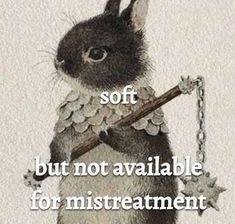 a rabbit holding a stick with the words soft but not available for misreatament