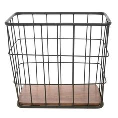 a metal wire basket with wooden board in front of white background, side view photo