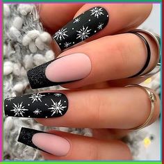 French Christmas Press on Nails Medium Square Snowflake Fake Nails Matte Black Winter Xmas Design False Nails with Design Full Cover Artificial Acrylic Nails for Women 24pcs Price: $6.98 Nail Art Noel, Christmas Gel Nails, Coffin Press On Nails, Snowflake Nails, Blue Nail, New Year's Nails, Acrylic Nails Coffin, Xmas Nails, Stick On Nails