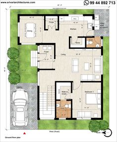 the floor plan for a house with two floors and three car parking spaces on each side