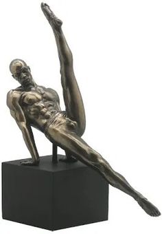 a bronze statue of a man doing a handstand on a black base with white background