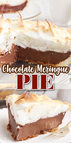 chocolate meringue pie on a white plate with the title overlay reads, chocolate meringue pie