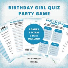 the birthday girl quiz party game is shown in blue and has five games on it