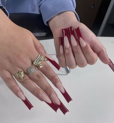 Long Dark Red Acrylic Nails, Red Deep French Tip Nails, Long Red French Tip Nails, Red And Pink Acrylic Nails, Cherry Color Nails, Red Airbrush Nails, Classy Long Nails, Dark Red French Tip, Dark Red French Tip Nails