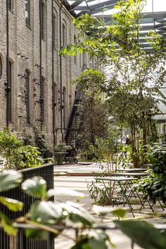 an old brick building with lots of greenery in the foreground and stairs leading up to it