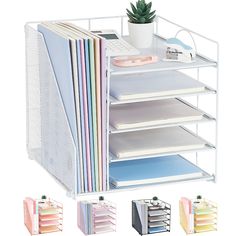 an office organizer with six shelves and five file folders on each shelf, including a plant in a pot