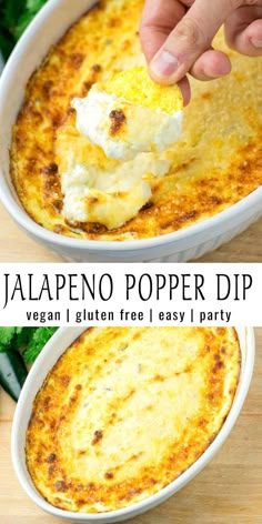 jalapeno popper dip recipe in a white bowl with a hand dipping it into the dip