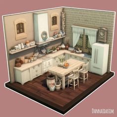 an animated kitchen with white cabinets and wooden floors