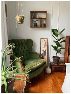 a living room with a green couch and potted plants on the wall next to it