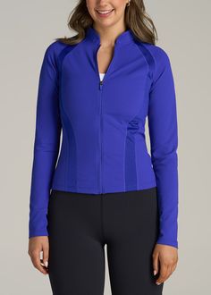 Women's Tall Activewear, Redefined Break a Sweat In Style Introducing the Balance Zip-Up Jacket with Stand-Up Collar, a game-changer in tall women's activewear. It's not just a tall women's jacket; it's athletic wear elevated and tailored to fit the taller frame with flair. This jacket, with its engineered pattern and stretch fabric, ensures a perfect fit and freedom of movement. The stand-up collar and zippered pocket add both style and functionality. Whether you're hitting the gym or enjoying Blue Stretch Athleisure Outerwear, Stretch Blue Track Jacket For Fall, Fitted Functional Blue Outerwear, Sporty Stretch Blue Outerwear, Galactic Cobalt, Women's Activewear, Tall Women, Womens Activewear, Athletic Wear