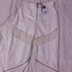 -Mesh On Thighs -Zippers On Knees -Cuffed Fitted White Bottoms With Zipper Closure, White Stretch Bottoms With Zipper Closure, White Bottoms With Zip Fly For Spring, White Zip Fly Bottoms For Spring, White Spring Bottoms With Zip Fly, Pink Cargo Pants, White Cargo Pants, On Knees, Pink Joggers