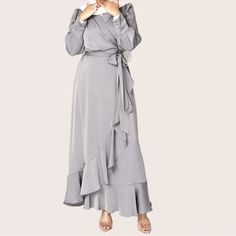 Brand New Dresses. Material Is Lightweight And Perfect For All Year Round. Modest Satin Wrap Dress, Modest V-neck Maxi Dress For Party, Modest V-neck Party Dress, Modest Ruched Midi Dress With V-neck, Hijab Soiree, Satin Wrap Dress, Queen Dress, Wrap Dress, New Dress