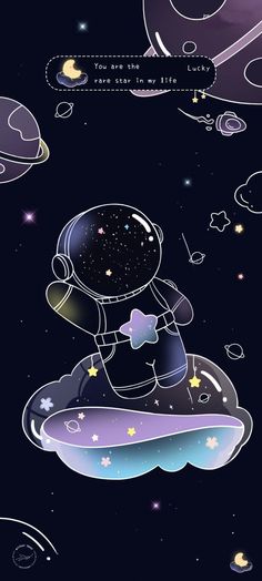 an image of a cartoon character flying through the sky with stars and planets in the background