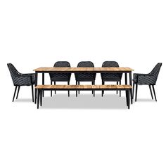 the table and chairs are made out of wood with black wickers on them