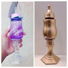 two pictures one with a purple cup and the other has a gold colored bottle in it