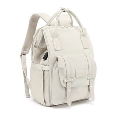 a white backpack with straps on the front and side pockets, sitting against a white background