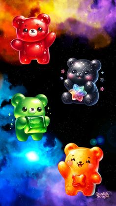 three teddy bears in the sky with stars