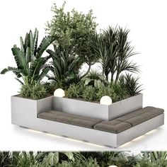 an outdoor seating area with plants and lights on the side, in front of a white background