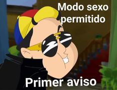 a cartoon character wearing sunglasses with the caption primer aviso in spanish