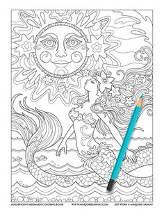 a coloring book with an image of a mermaid and the sun on it's face