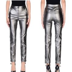 Gorgeous Patrizia Pepe Metallic Grey Faux Leather Pants That Feature A Laminated Effect, Black And White Side Seam Stripe On Both Sides, And Loose Fitting Stirrup Straps. Product Details -Made In Italy -100% Polyester -Hand Wash -Do Not Bleach -Do Not Tumble Dry -Loose Fitting Stirrup Straps -Tapered Leg -Front Button With Hidden Zip Closure -Italian Size Is 42 And American Size Is A 6. Approx Measurements L: Waist = 15” Rise = 10” Inseam = 28” In Excellent Condition!! Worn Once Metallic Silver Pants, Silver Pants, Faux Leather Pants, Pants Color, Metallic Silver, Pant Jumpsuit, Leather Pants, Loose Fitting, Pants For Women