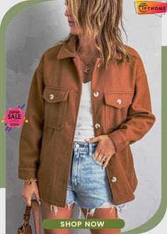 Brown Turn Down Collar Buttoned Baggy Coat with Pocket Baggy Coat, Fall Winter Jacket, Normal Body, Baggy Style, Collared Coat, Sweaters And Jeans, Full Sleeve, Keep Warm, Bottoms Pants