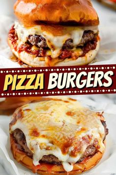 two cheeseburgers are shown with the words pizza burgers on top and bottom