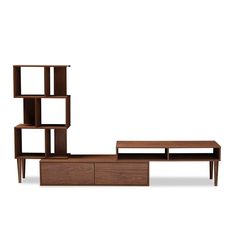 an entertainment center with shelving unit, coffee table and end tables on each side