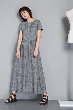 "FEATURES Linen cotton blend 50% linen, 50% cotton No lining Short sleeve Right side zipper Two side pockets Ankle length Perfect for summer,spring Wash only in cold water and do not expose to direct sunlight. ★★ The model's height approx 168 cm (5′ 6″) with the 84 cm (33\") bust, 66 cm (26\") waist. She is wearing a gray dress in size XS. * More color select from No.1 photo https://etsy.me/3orWcZ6 ★★ Please select custom order according to the follow situation Your height is not between 155 cm Casual A-line Maxi Dress With Buttons, Linen Shift A-line Dress, Linen A-line Shift Dress, Linen Shift Dress With A-line Shape, Shift A-line Linen Dress, Gray Linen Dress For Summer, Gray Linen Summer Dress, A-line Linen Dress With Buttons, A-line Linen Dresses With Pockets