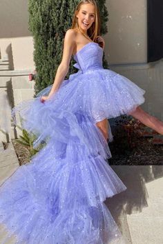 Shiny Purple Tulle Long Prom Dresses High Low Strapless Lilac Tulle Layered Formal Evening Dresses Lavender Sweet 16 Dresses, Prom Dresses Purple, Tiered Prom Dress, High Low Prom Dress, Purple Evening Dress, Purple Tulle, High Low Prom Dresses, Prom Dresses 2021, Long Prom Dresses