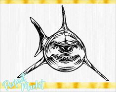 a drawing of a shark with two large teeth on it's face and the words,