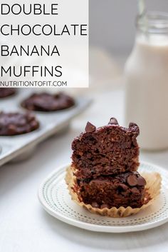 double chocolate banana muffins stacked on top of each other with milk in the background