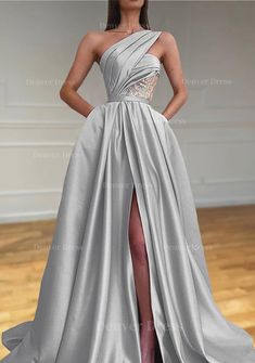 A Line One Shoulder Sleeveless Sweep Train Satin Prom Dresses For Black girls With Split Pleated Mermaid Sequin Dress, Silver Prom Dress, Prom Dress With Train, Sparkle Prom Dress, Detachable Skirt, One Shoulder Prom Dress, Modest Prom, Valentines Day Dresses, Party Kleidung