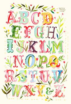 the alphabet is painted with watercolors and has many different letters, numbers, and shapes