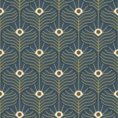 an art deco style wallpaper pattern with gold and blue accents on a black background