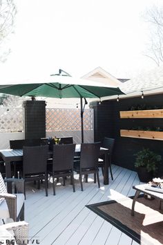 an outdoor dining area with table, chairs and umbrellas on the wooden decking