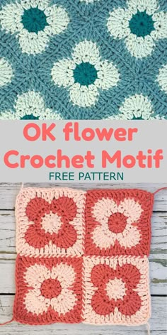 the crochet flower motif is shown in red, white and blue with text overlay