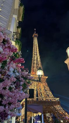 the eiffel tower lit up at night with pink flowers in front of it