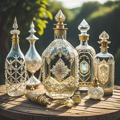 an assortment of glass bottles sitting on top of a wooden table next to each other