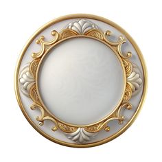 a white and gold plate with an ornate design on the rim, isolated against a white background